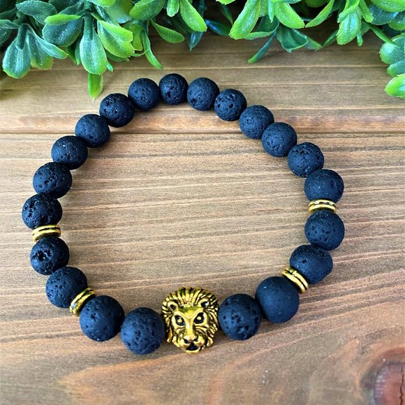 NEW Mens/Womens Gold Lion Lava Rock Bracelet - Picture 3 of 9